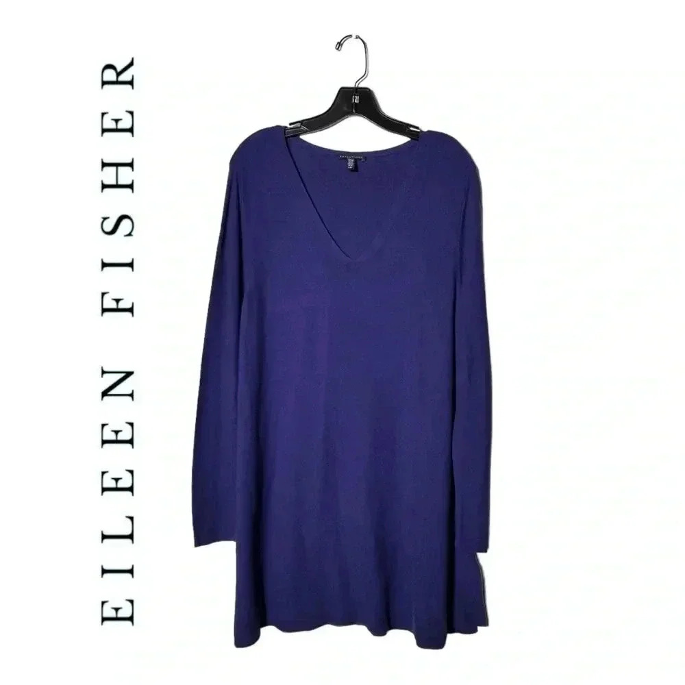 1898. EILEEN FISHER LONG SLEEVE 100% ORGANIC COTTON TUNIC INDIGO IN COLOR LARGE